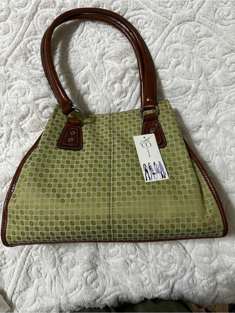 Nine & Co. Olive Green Geometric Tote with Brown Trim